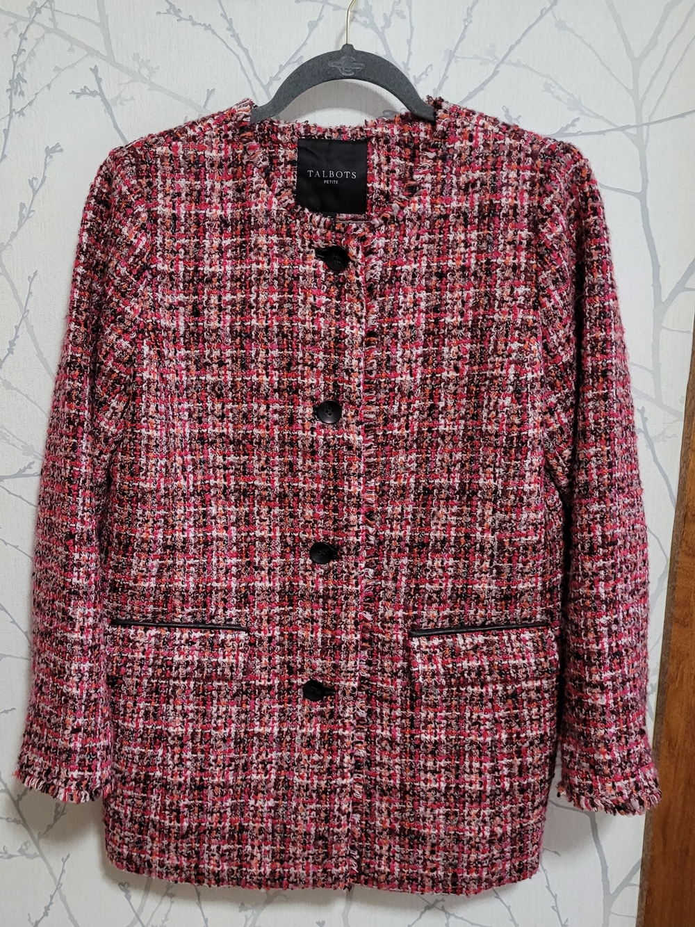 Talbots Pink Multi-Color Tweed Collarless Blazer